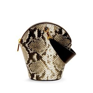 Snakeskin printed mini bag with a zipper closure, and a removable handle.